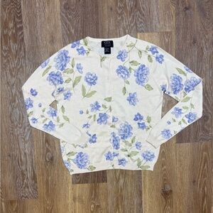 City silk  Cream Cardigan with Blue Floral Print
